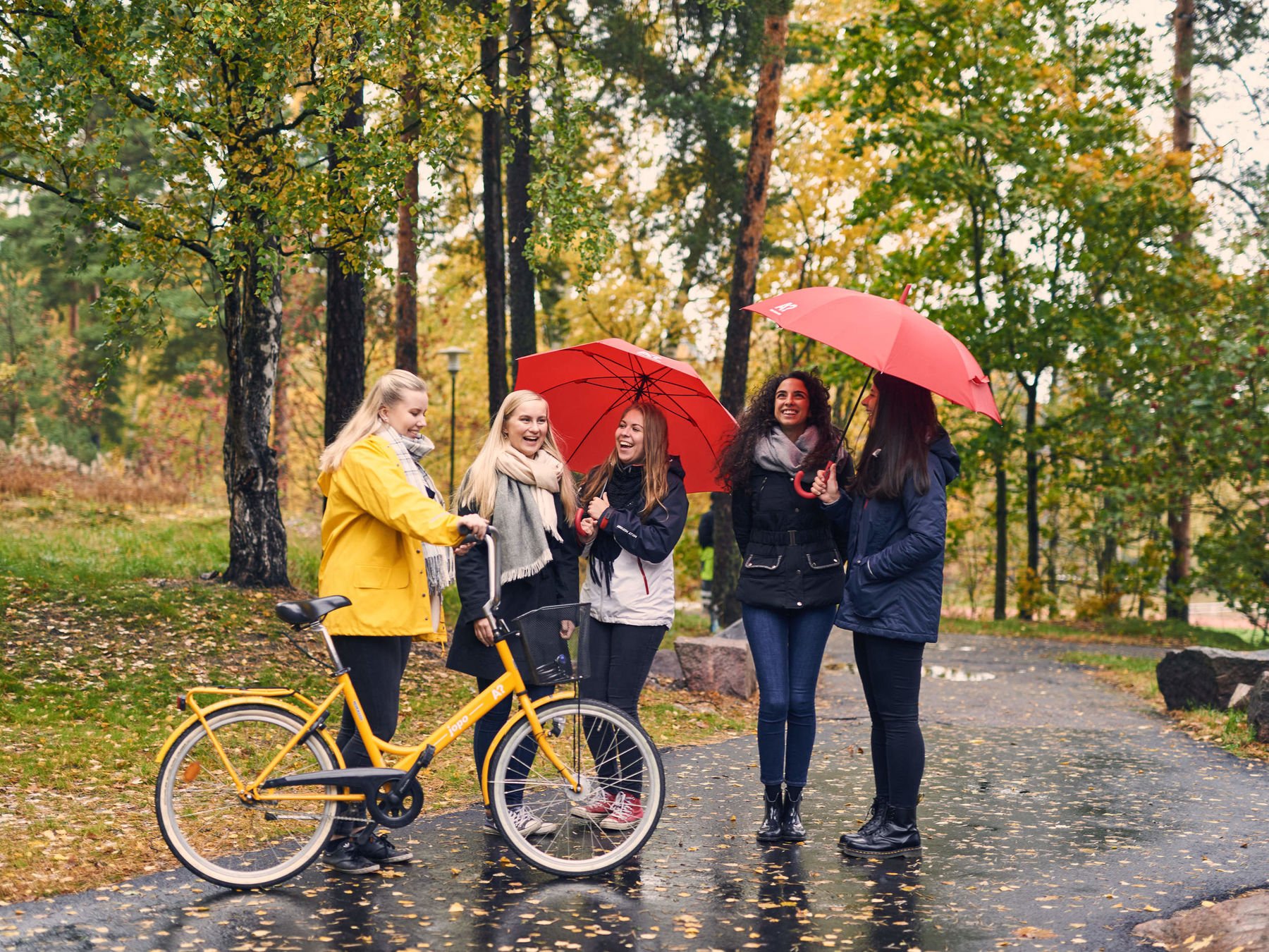 Five people with a yellow bike and red umbrellas on autumnal campus