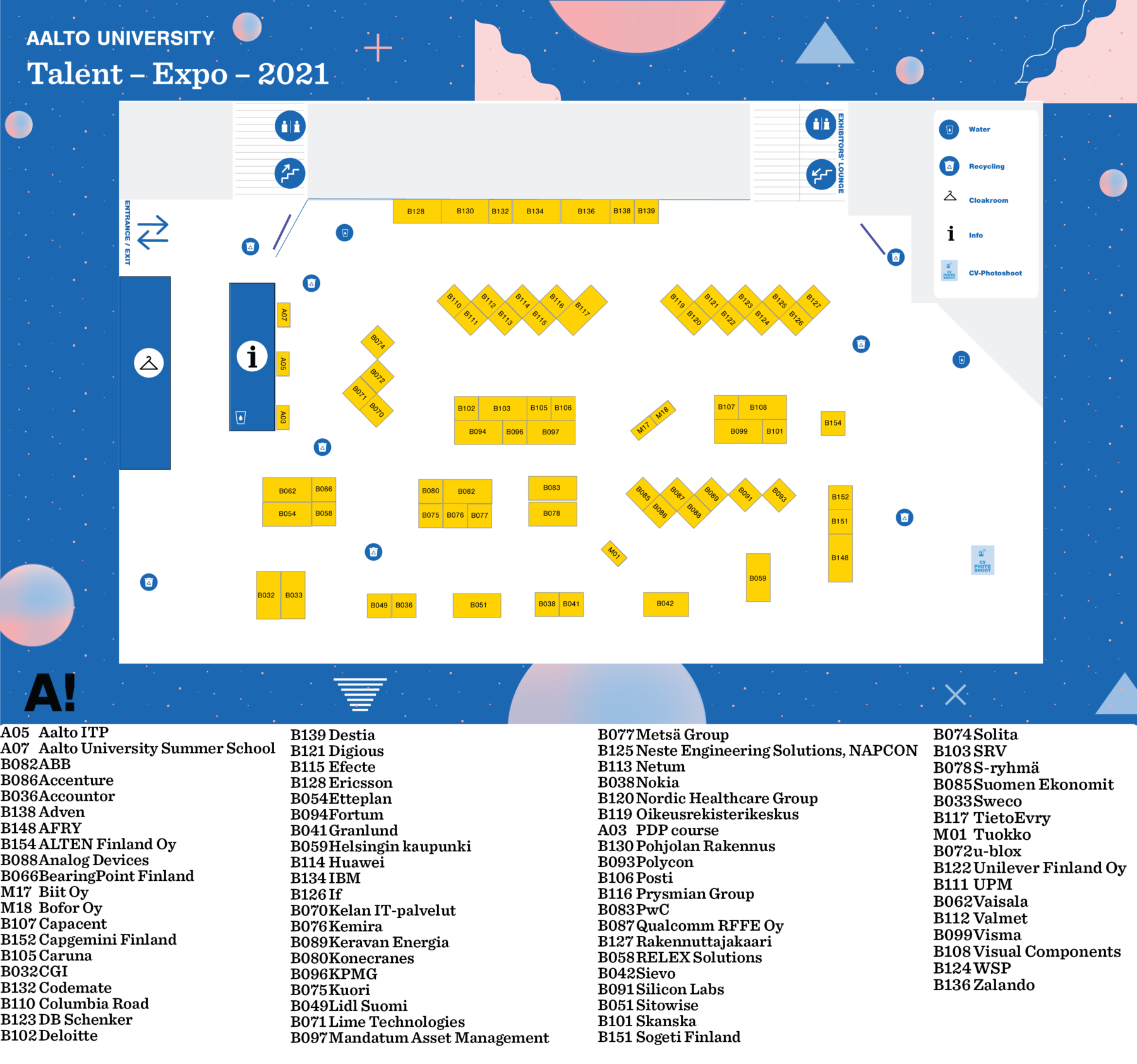 Aalto Talent Expo map and list of exhibitors