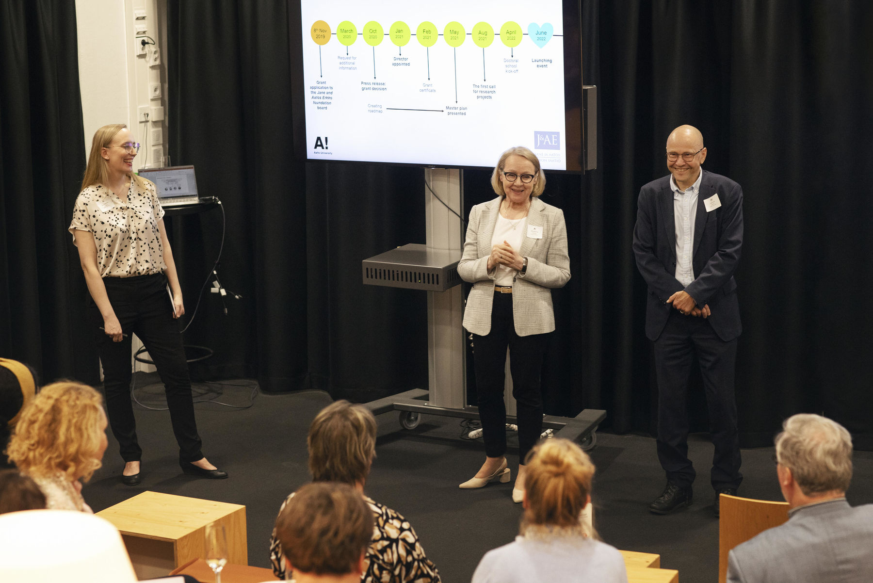 Kristiina Kruus, Dean, School of Chemical Engineering (middle) and Janne Laine, VP, Innovations, Aalto University (right) describing the journey from an idea to reality and how it all started in an interview with Susanna Ahola (Coordinator, Bioinnovation Center).  
