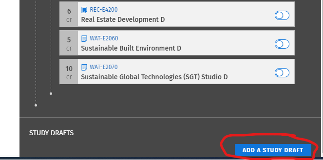 Location of the 'add a study draft' button in Sisu