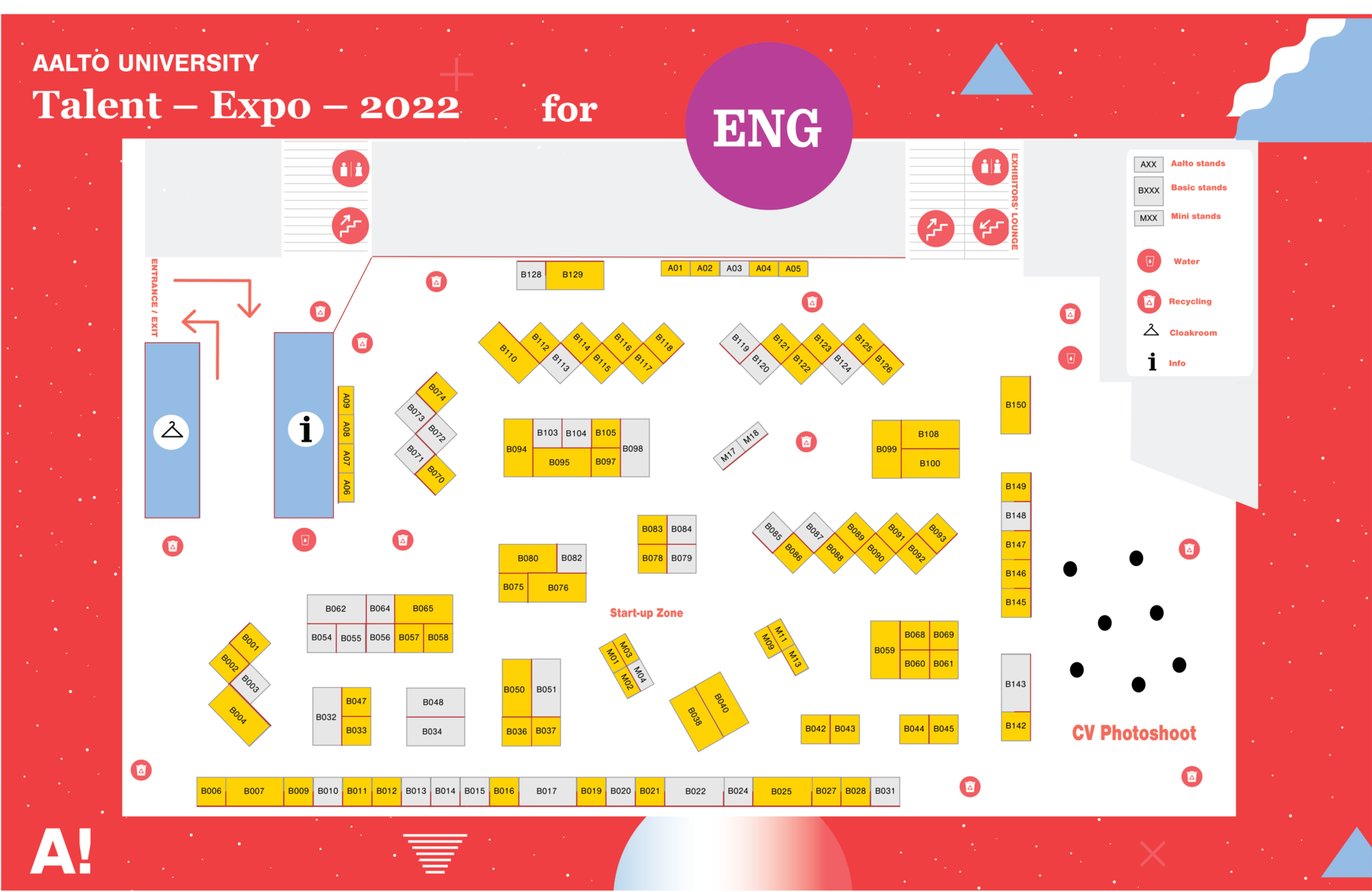 Fair map with red background and Aalto Talent Expo logo