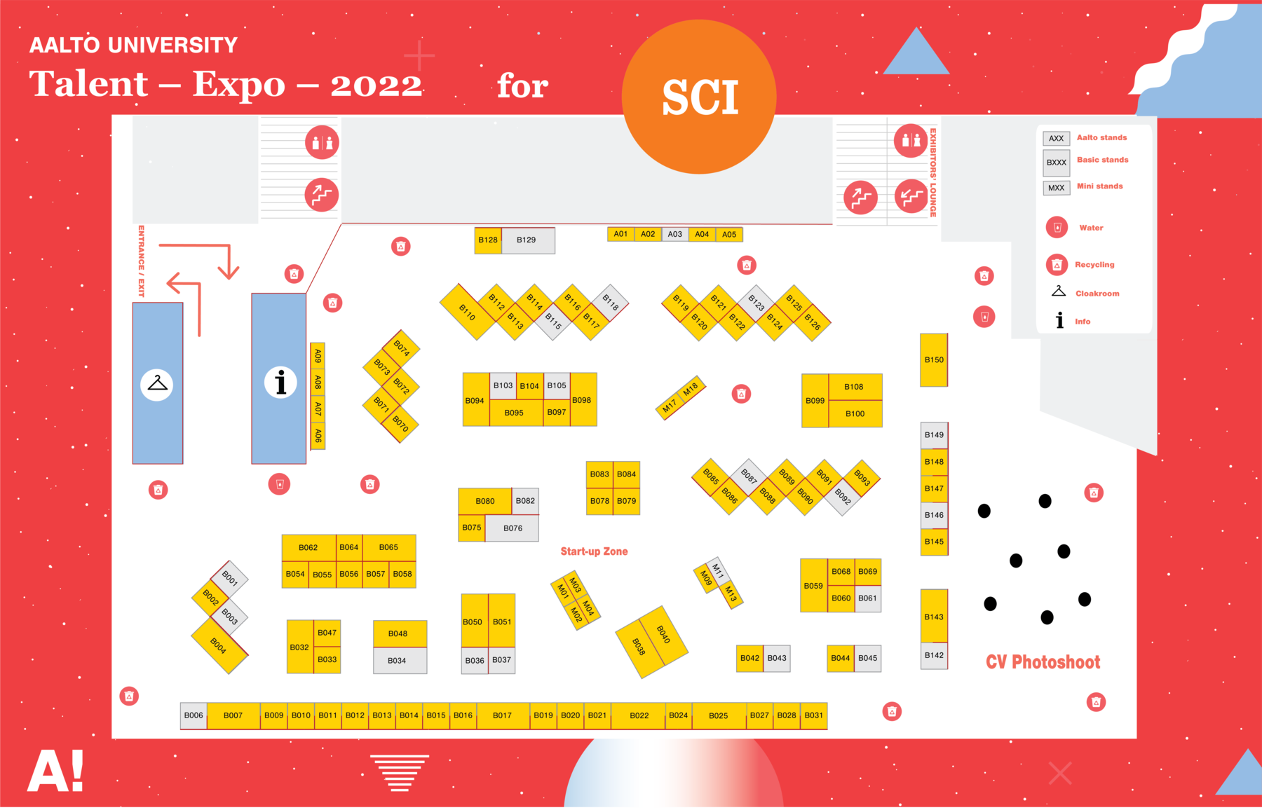 Fair map with red background and Aalto Talent Expo logo