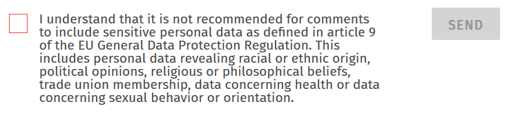 Acknowledgement of the recommendation against communicating sensitive information in the comments