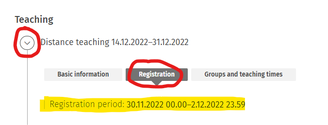 The registration period on a course information sheet