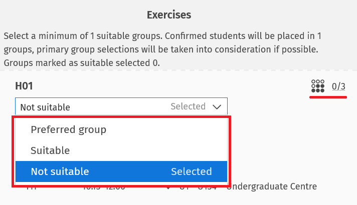 Indicating your preferences for each teaching group and the number of students already admitted to the group in question.