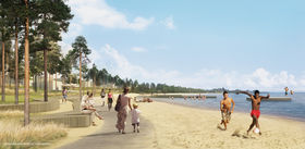 Illustration of beach promenade and people