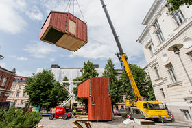 Assembling modules of the Kokoon living unit by crane, Wood Program, Photo by Juho Haavisto