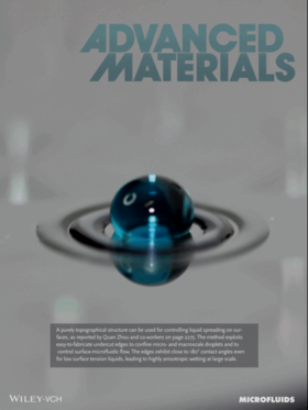 Cover of Advanced Materials journal magazine for year 2013, Vol. 25, No. 16. The background is gray. On center there is a shperical droplet dyed blue, lying on the surface of silicon. Around it there are two perfectly circular rings of water. The reflection on the Silicon surface cast their mirror image.