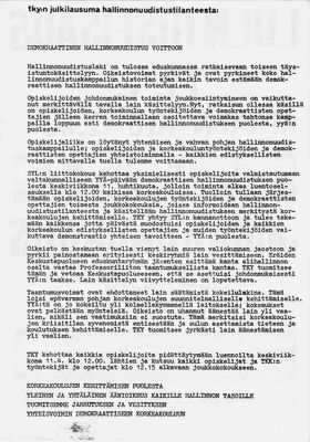 Democratic governance reform to victory: TKY notice for rally. 1972-73. Photo: Aalto University Archives