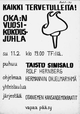 OKA's annual meeting celebration 11.02.1973, Speaker: Taisto Sinisalo. Hermann's program group organizes a group song. Organised by Otaniemi Democrats. Photo: Aalto University Archives