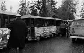 Capture 1992. Hose vehicle. On the side of the wagon slogans with animal illustrations. From left to right: "'Secretary General Mika Naumanen: Time is money - plan your time!"  Photo: TKY Photo Archive, AYY Archive