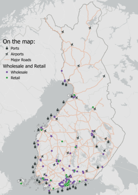 A map of MNCs engaged in Wholesale and Retail activities in Finland, HQ Location project