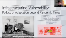 Zoom screenshot image of Friederike Landau's talk. The talk title, Infrastructuring Vulnerability is shown above a photograph of Jana Sophie Noelle's Living Room piece.