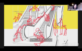 An animation by Shubhangi Singh is shared on a zoom call. The image features outlines of people drawn in red dotted over an escalator