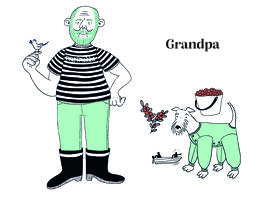 an illustrated image of grandpa with a dog and a bird