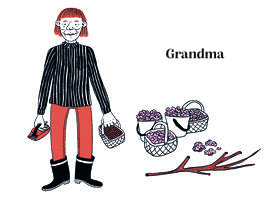 an illustration of grandma with some forest souveniers