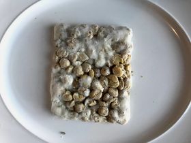 a mixture of grown mycelium mixed with garbanzo beans on a plate