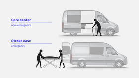 Illustration of AMRI van in two different situations. Non-emergency situation where an older person is approaching the van for imaging. Emergency situation where paramedics are transporting a patient into the van with a stretcher.