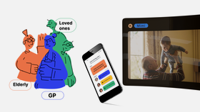 three pictures of the Mimi service. First, the different user group. Second, mobile phone with the Mimi UI. Last, the Mimi Home flexible screen.