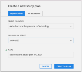 Create a new study plan window in Sisu