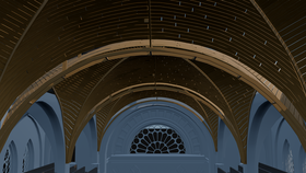 3D-mallinnuskuva kirkon kaarikatosta sisäpuolelta.