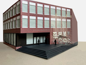 Baptiste Debombourgin teosehdotus heijastelee Otakaari 2B -rakennuksen ikkunoiden muotoa, mutta on aaltoilevampi teos sijoittuen rakennuksen julkisivuun.