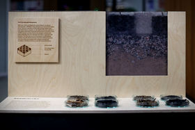 Front view of an exhibition element of a section of a tram track with biochar