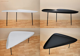 A thin, triangular table with three legs. Black and white colour variants.