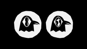 Black background, two white circles, in them two birds: in the first one's eye there is a peanut reflected, in the second one's the world reflects