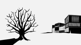 White background, black drawing of the Aalto campus: on the left is the big tree, on the right is the Väre building