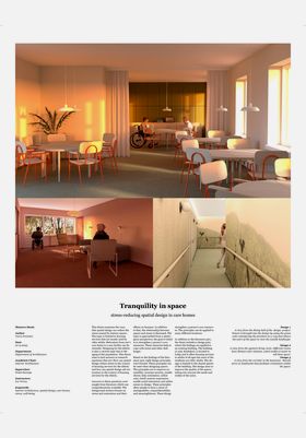 Thesis poster for Veera Forsman: Tranquility in Space. Three interior pictures of tranquil housing services for older adults.