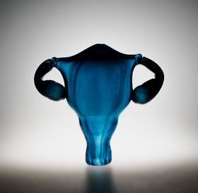 Blue glass sculpture in the shape of a uterus