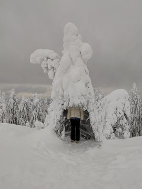 A person hiding under a tree full of snow that looks like a tepee tent