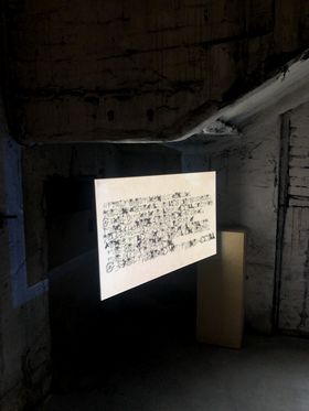 algae font projected onto a white board, exhibition setting