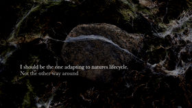 A cobweb-like algae mass + text: ”I should be the one adapting to natures lifecycle. Not the other way around”