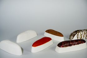 A collection of curved white sample objects painted with a variety of biomaterials