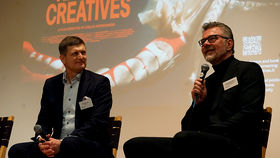 Ilkka Niemelä, Aalto University President and alumnus and Tuomas Auvinen, Dean of the School of Arts, Design and Architecture on stage answering questions after Radical Creatives premiere in the US 