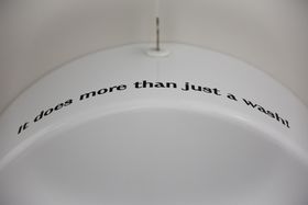 Advertisement quotes change in their new setting - Text in a bathroom: ”It does more than just a wash”