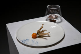 A curated set of tableware - ceramic plate with a fruit like plant on it and a glass shaped by the rock it rests upon