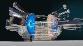 computer illustration of a cut away of the donut-shaped fusion reactor, showing that it much larger tha human