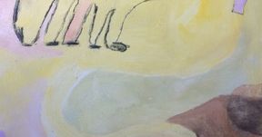 detail of an acrylic painting. Pastel colors of yellow, pink, violet and a little brown. On the upper left corner there is possibly an animal feet drawn with charcoal.