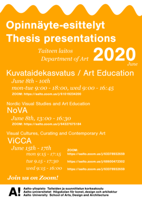 Department of Art Thesis Presentations poster. Orange poster, white text.