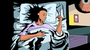Kuvituskuva, jossa nukkuu mustahiuksinen nainen kännykkä vierellään yöpöydällä