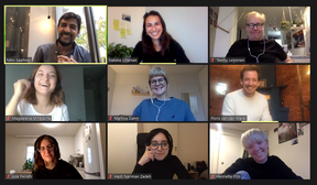 Screenshot from a Zoom call with nine participants