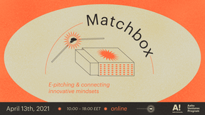 A banneer with an illustration of a matchbox and the text "Matchbox - E-pitching & connecting innovative mindsets". Banner colored in beige, orange and black and has a vintage, textured feel to it.