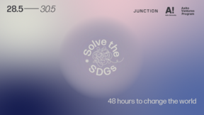 In the middle the text "Solve the SDGs" is written in a circle. Around it a soft, gradient background in blue, purple, light gray and light pink colors. At the bottom it says "48 hours to change the world" and on top are the logos of Aalto University, Aalto Ventures Program and Junction.