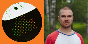Graphic with photo showing Physics graduate Aaro Väkeväinen and a nanoparticle array
