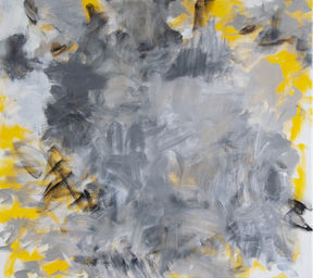 Image of an abstract painting with tones of grey and yellow 