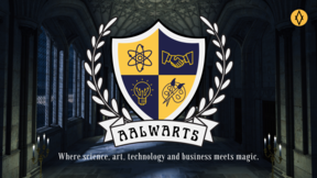 Aalwarts-logo, jossa atomimalli, kättely, hehkulamppu ja väripaletti. Mottona "Where science, art, technology and business meets magic."