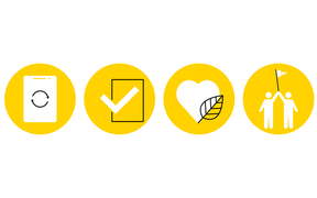 Four black and white icons on yellow round backgrounds depicting hybrid working topics like guidelines, digital skills, wellbeing and team spirit